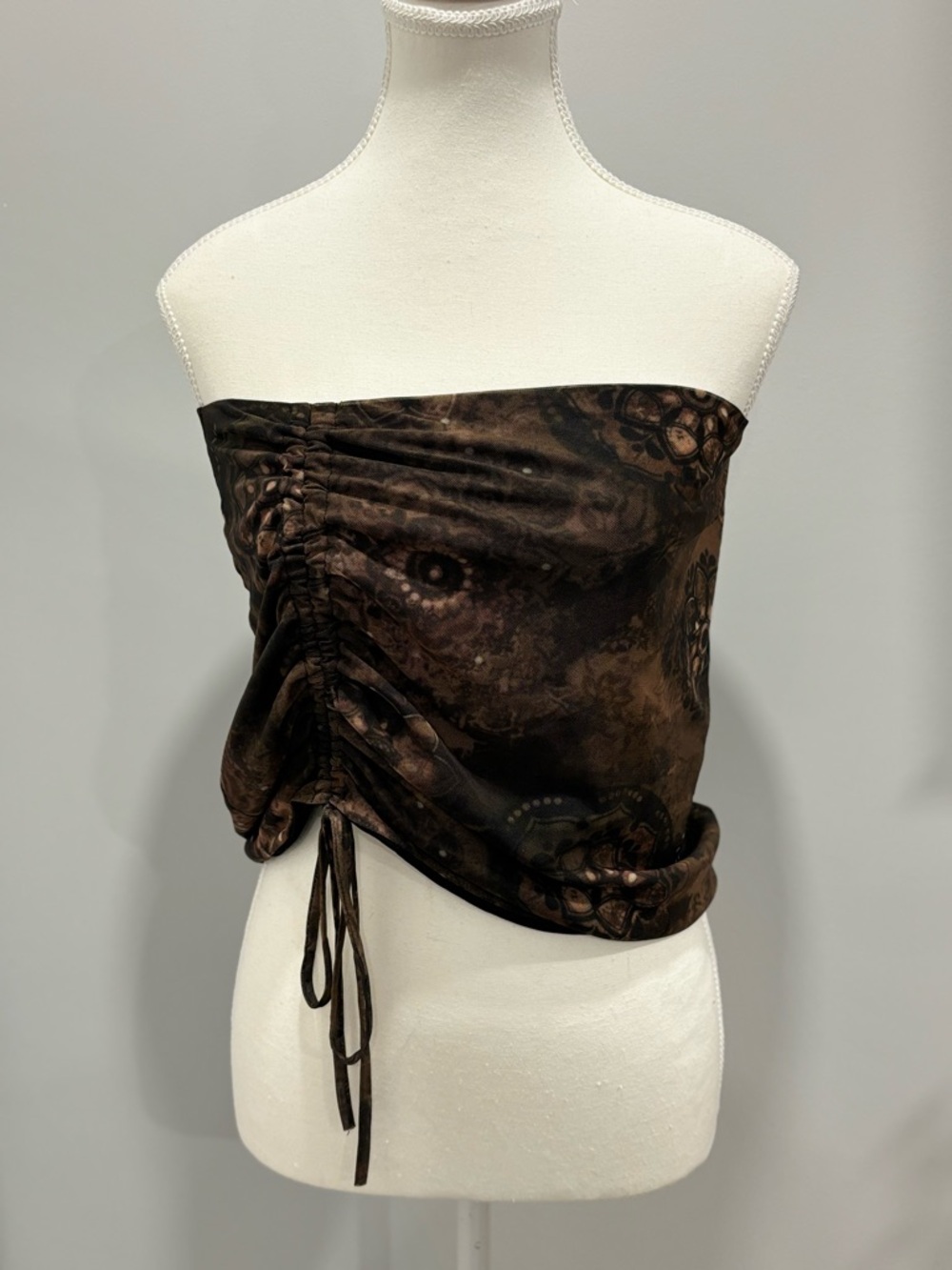 Fashion Nova brown mesh ruched tube top Sz Xs Boho Mandala Hippie Summer NWT
